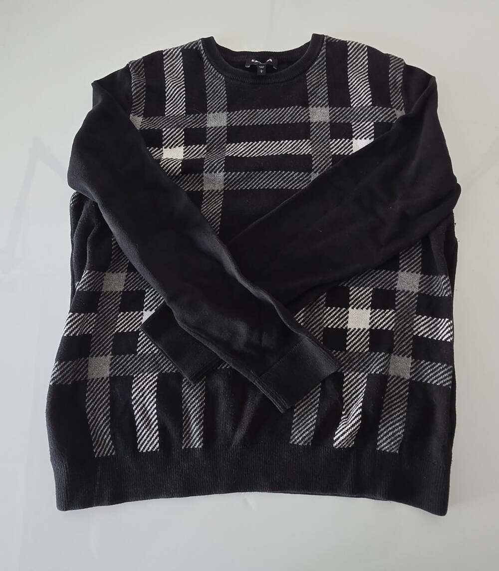 Express Plaid Crew Neck Sweater Size L Black Gray